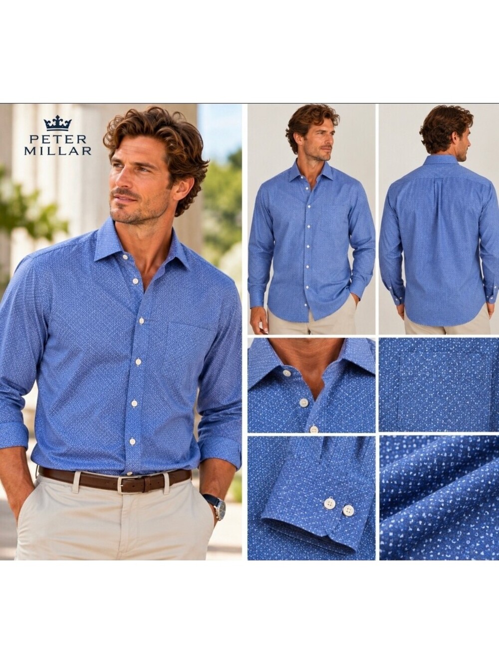 Peter Millar Men’s XL Blue Geometric Print 100% Cotton Long Sleeve Button Down